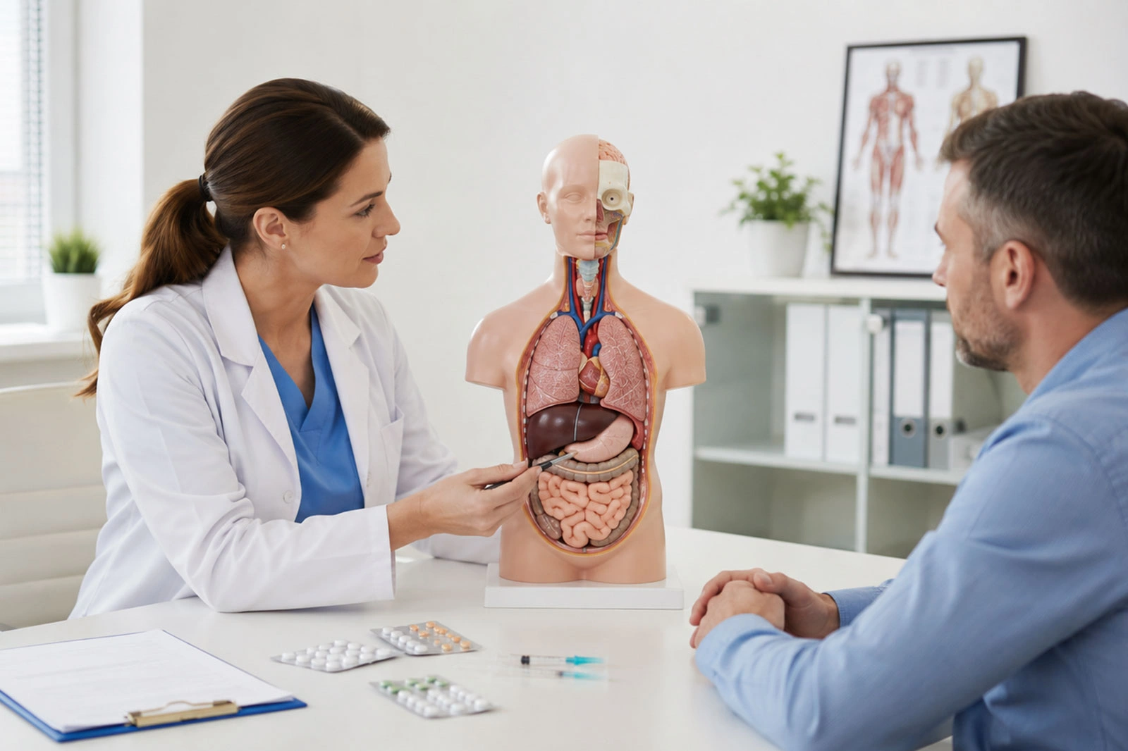 Lekarz omawia z pacjentem wpływ substancji psychoaktywnych na organizm, wskazując narządy wewnętrzne na modelu anatomicznym.