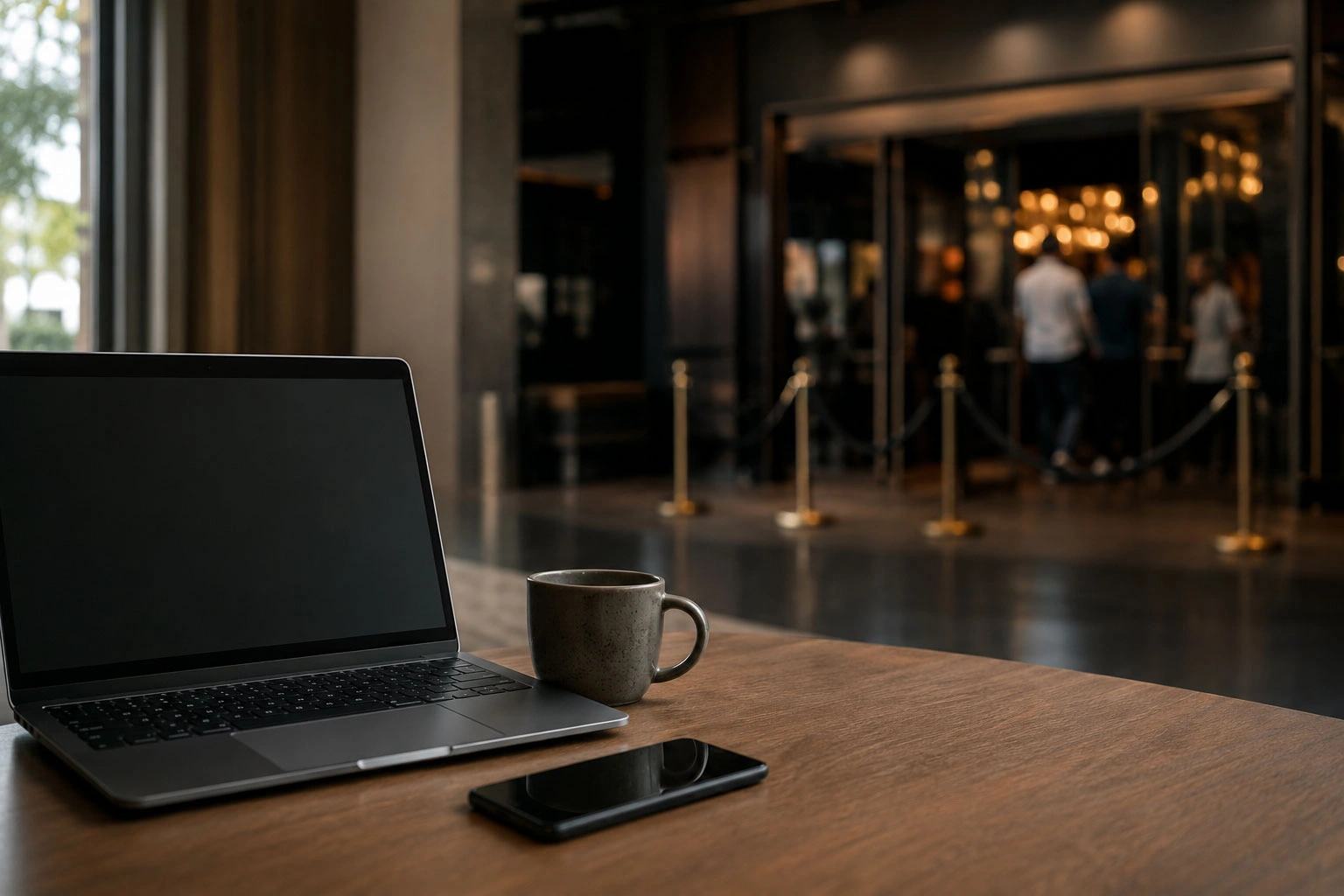 Laptop na stole i wejście do lokalu rozrywkowego w tle pokazują różne formy hazardu.