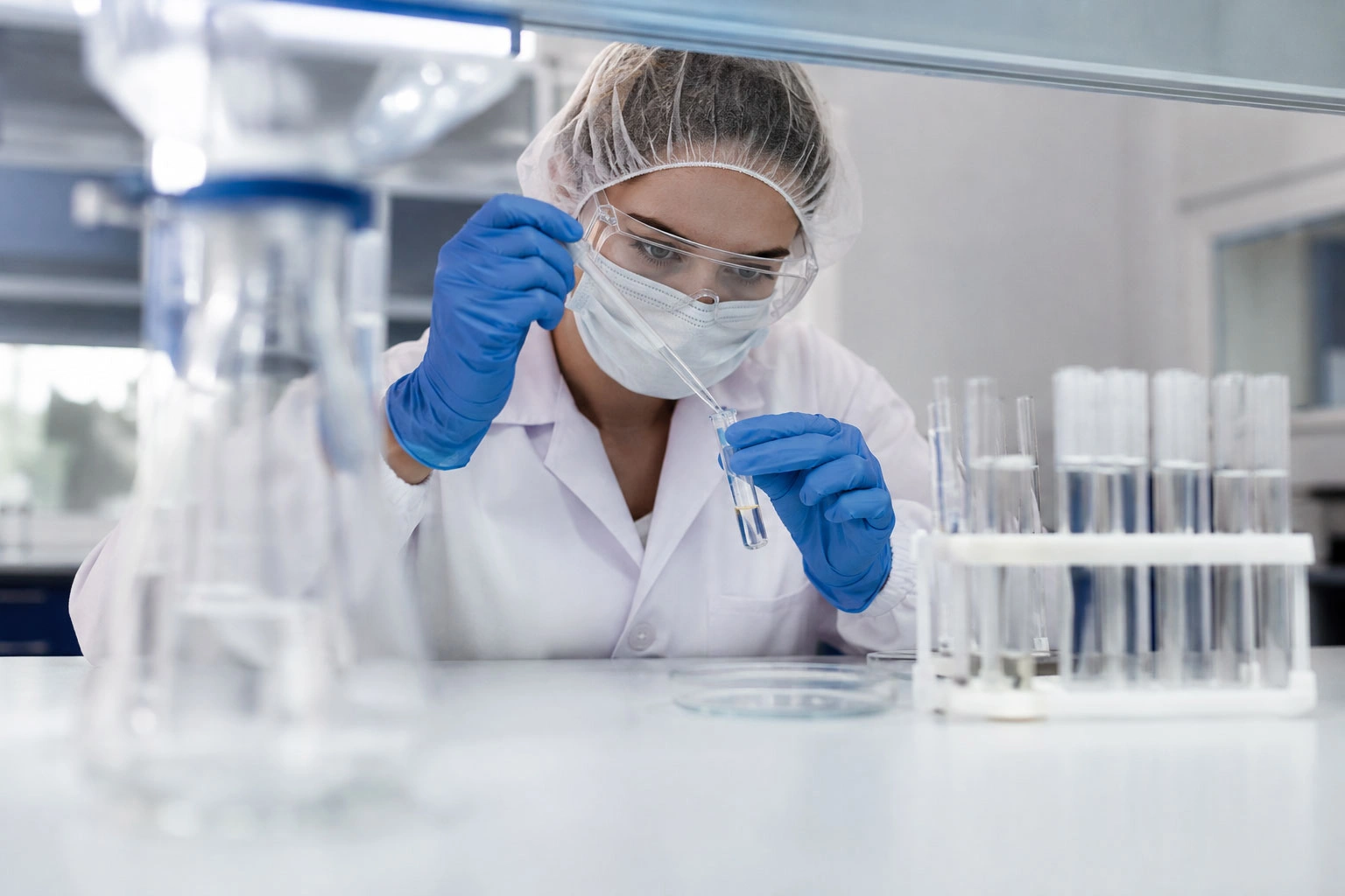 Specjalistka pracuje przy próbkach w laboratorium w kontrolowanych i bezpiecznych warunkach.